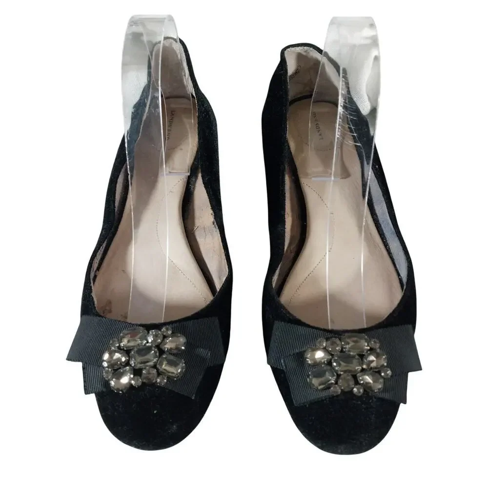 LANDS' END! BLACK VELVET & GROSGRAIN RIBBON BOW, RHINESTONE FLATS! SZ 9.5B